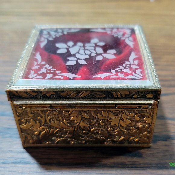 Brass Jewelry Box Velvet Lined with Decorative Glass Top - Picture 3 of 6